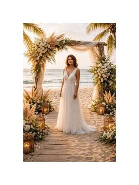 HONGFUYU White V-Neck Wedding Dress Size S